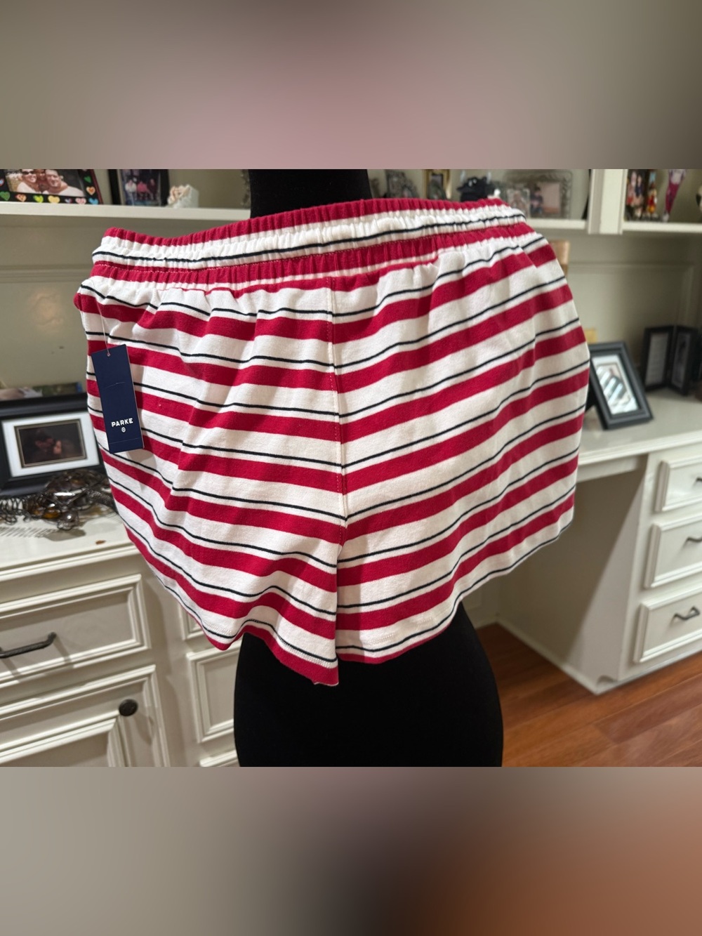 Women’s HIGH RISE Drawstring pull on shorts red / navy STRIPED - Picture 2 of 5